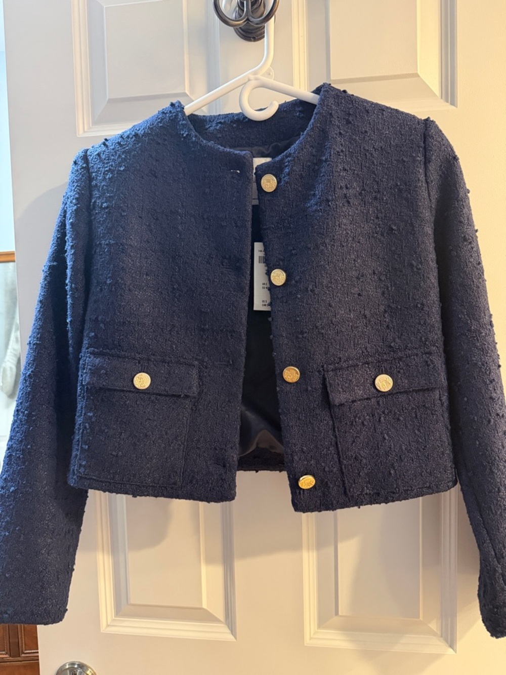 Abercrombie & Fitch Navy Textured Cropped Blazer with Gold Buttons